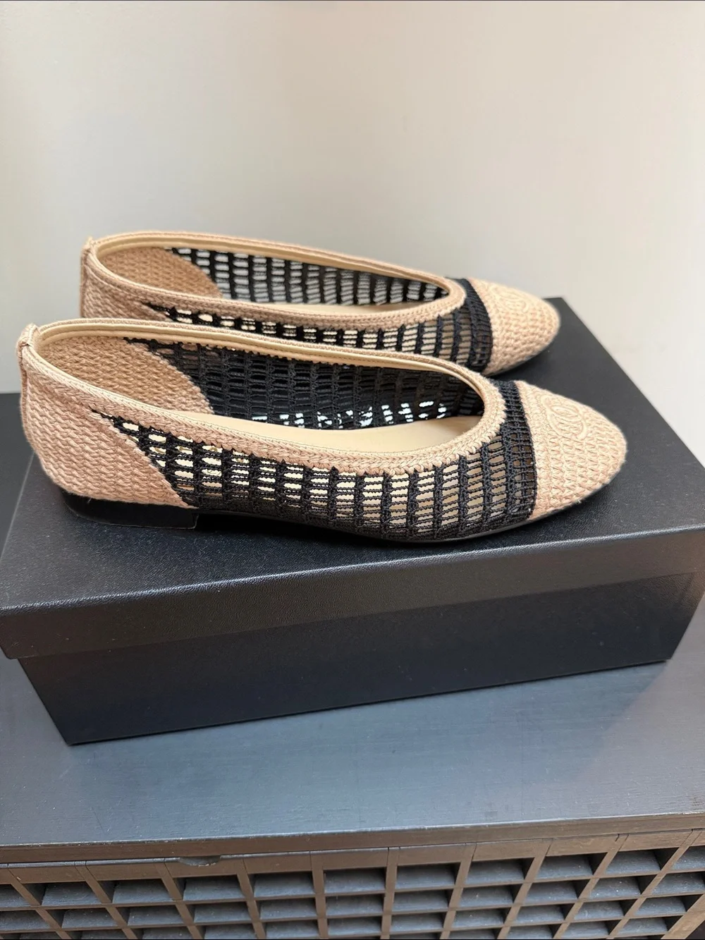 CHANEL Beige and Black Woven Ballet Flats